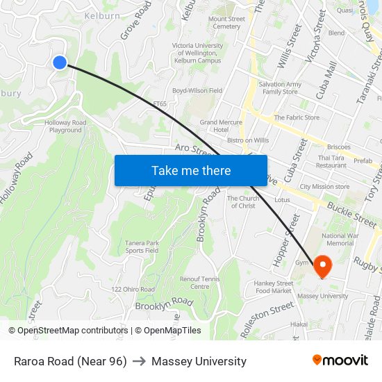 Raroa Road (Near 96) to Massey University map