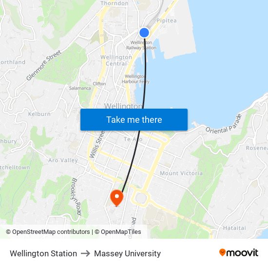 Wellington Station to Massey University map