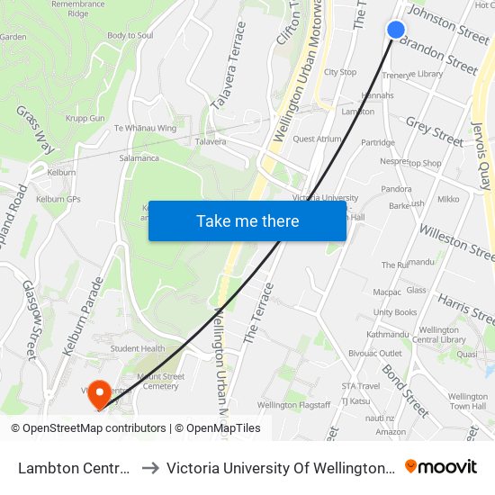 Lambton Central - Stop B to Victoria University Of Wellington, Kelburn Campus map