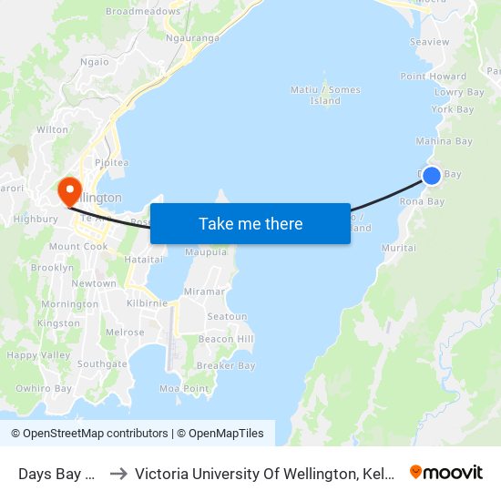 Days Bay Wharf to Victoria University Of Wellington, Kelburn Campus map