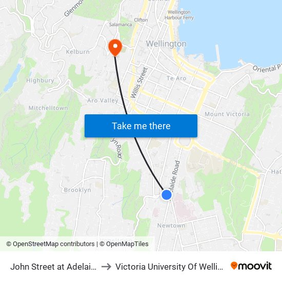 John Street at Adelaide Road (Near 11) to Victoria University Of Wellington, Kelburn Campus map