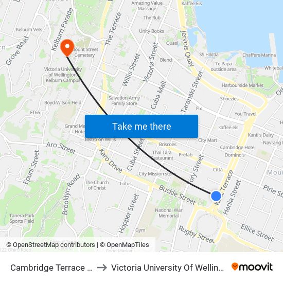 Cambridge Terrace at Barker Street to Victoria University Of Wellington, Kelburn Campus map