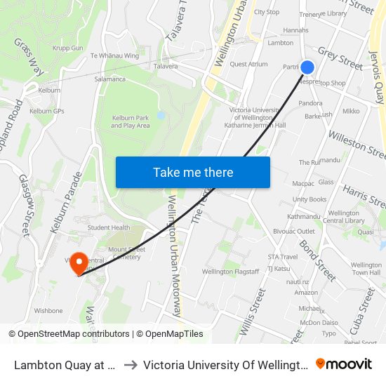 Lambton Quay at Hunter Street to Victoria University Of Wellington, Kelburn Campus map