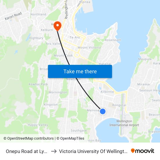 Onepu Road at Lyall Bay Shops to Victoria University Of Wellington, Kelburn Campus map