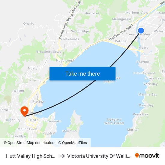 Hutt Valley High School - Woburn Road to Victoria University Of Wellington, Kelburn Campus map