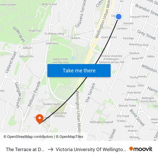 The Terrace at Dalmuir Lane to Victoria University Of Wellington, Kelburn Campus map