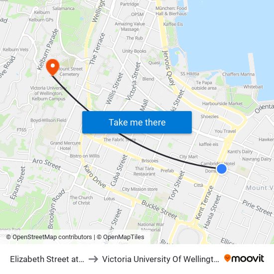 Elizabeth Street at Kent Terrace to Victoria University Of Wellington, Kelburn Campus map