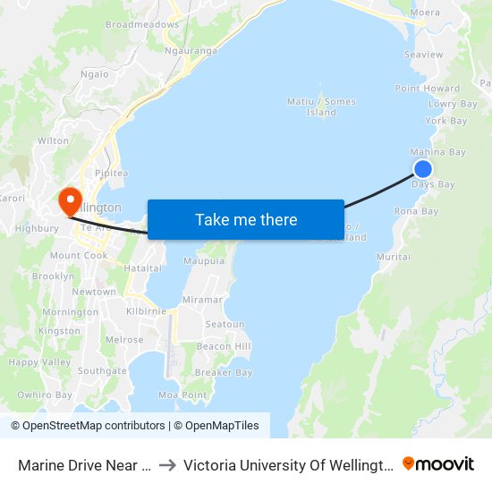 Marine Drive Near Sunshine Bay to Victoria University Of Wellington, Kelburn Campus map