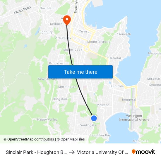 Sinclair Park - Houghton Bay Road (Near 27)(School Stop) to Victoria University Of Wellington, Kelburn Campus map
