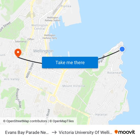 Evans Bay Parade Near Point Jerningham to Victoria University Of Wellington, Kelburn Campus map