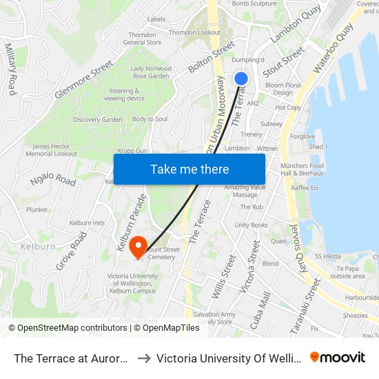 The Terrace at Aurora Terrace (Near 70) to Victoria University Of Wellington, Kelburn Campus map