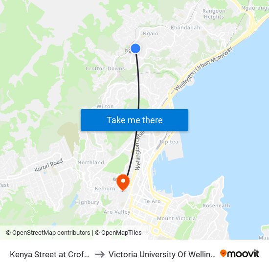 Kenya Street at Crofton Road (Near 6) to Victoria University Of Wellington, Kelburn Campus map