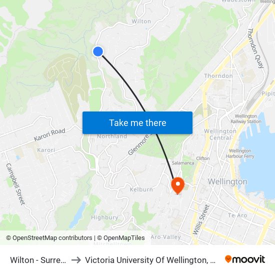 Wilton - Surrey Street to Victoria University Of Wellington, Kelburn Campus map