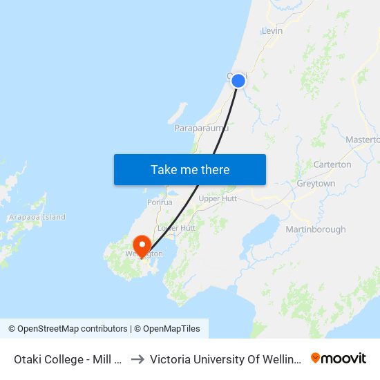 Otaki College - Mill Road (Opposite) to Victoria University Of Wellington, Kelburn Campus map