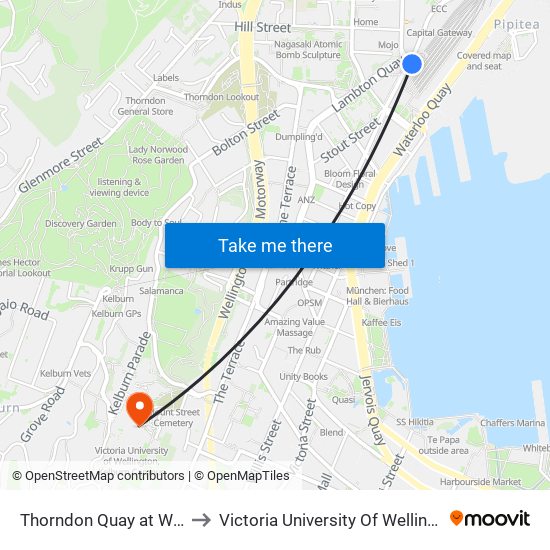 Thorndon Quay at Wellington Station to Victoria University Of Wellington, Kelburn Campus map