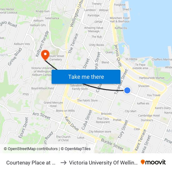 Courtenay Place at Courtenay Central to Victoria University Of Wellington, Kelburn Campus map