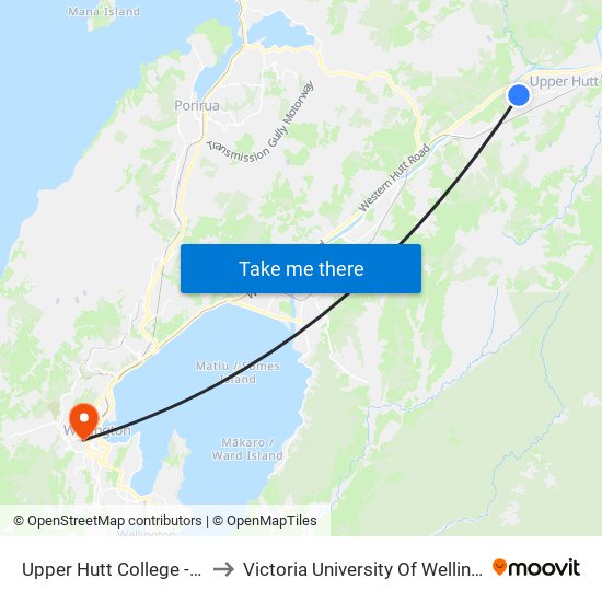 Upper Hutt College - Moonshine Road to Victoria University Of Wellington, Kelburn Campus map