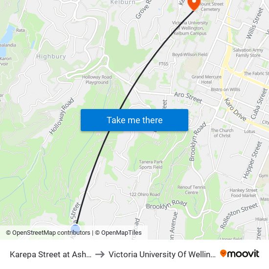 Karepa Street at Ashton Fitchett Drive to Victoria University Of Wellington, Kelburn Campus map