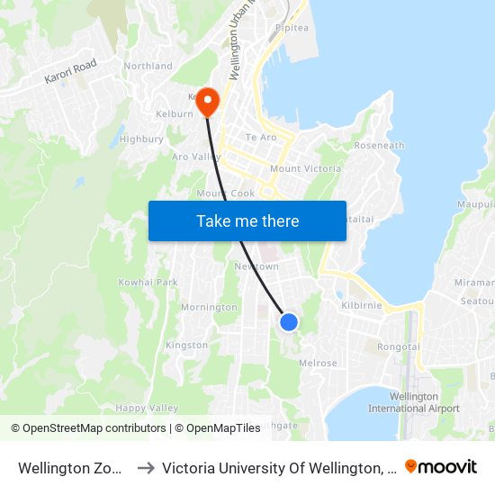 Wellington Zoo - Stop B to Victoria University Of Wellington, Kelburn Campus map