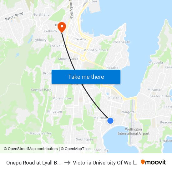 Onepu Road at Lyall Bay Shops (Near 145) to Victoria University Of Wellington, Kelburn Campus map