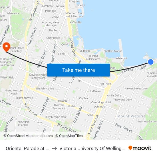 Oriental Parade at Freyberg Pool to Victoria University Of Wellington, Kelburn Campus map