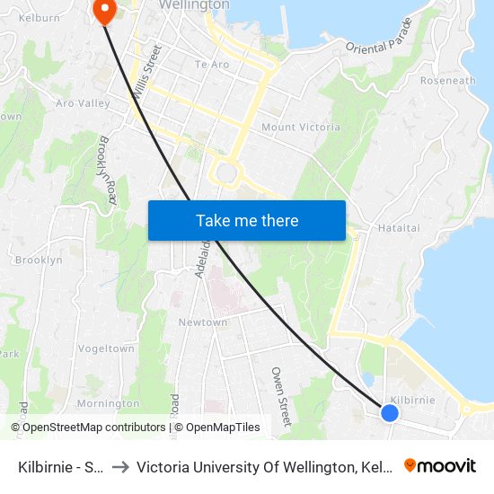 Kilbirnie - Stop B to Victoria University Of Wellington, Kelburn Campus map