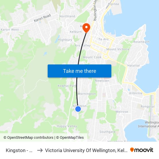 Kingston - Stop B to Victoria University Of Wellington, Kelburn Campus map