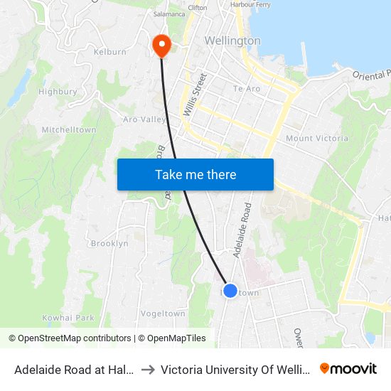 Adelaide Road at Hall Street (Near 261) to Victoria University Of Wellington, Kelburn Campus map