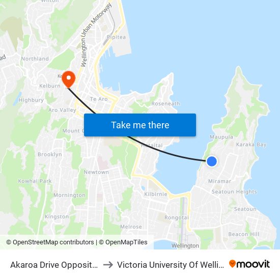 Akaroa Drive Opposite Waiwera Crescent to Victoria University Of Wellington, Kelburn Campus map