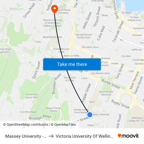 Massey University - Wallace Street to Victoria University Of Wellington, Kelburn Campus map