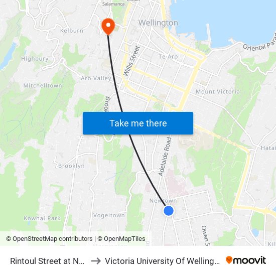 Rintoul Street at Newtown Shops to Victoria University Of Wellington, Kelburn Campus map