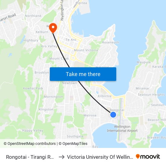 Rongotai - Tirangi Road (Opposite 95) to Victoria University Of Wellington, Kelburn Campus map