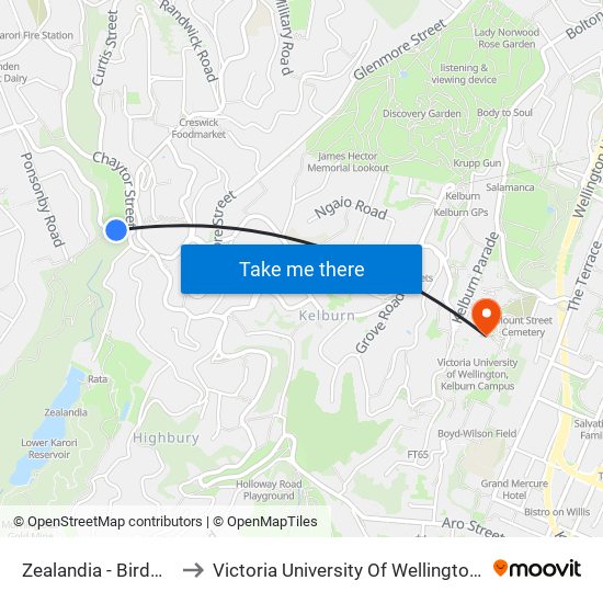 Zealandia - Birdwood Street to Victoria University Of Wellington, Kelburn Campus map