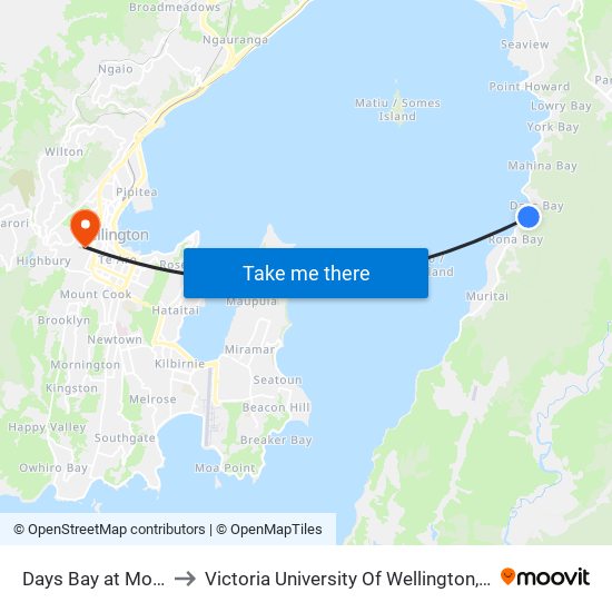 Days Bay at Moana Road to Victoria University Of Wellington, Kelburn Campus map