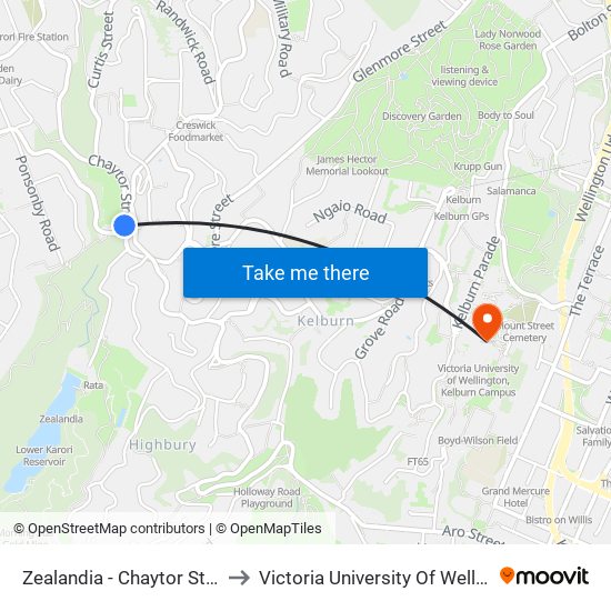 Zealandia - Chaytor Street (Appleton Park) to Victoria University Of Wellington, Kelburn Campus map