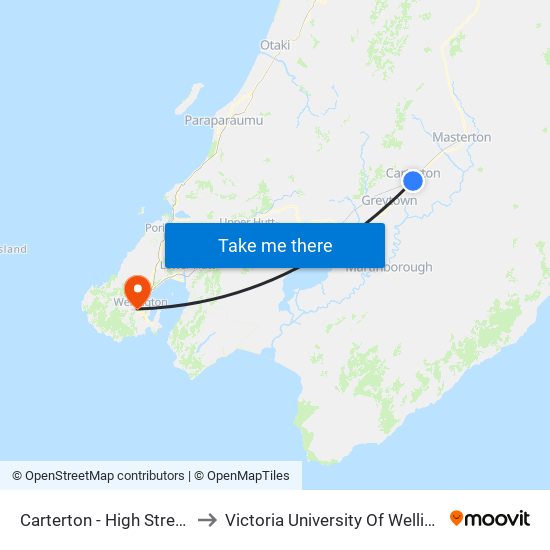 Carterton - High Street South (Near 80) to Victoria University Of Wellington, Kelburn Campus map