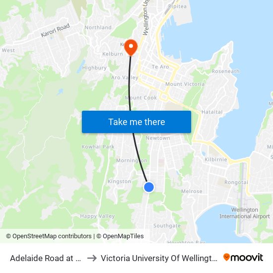 Adelaide Road at Duppa Street to Victoria University Of Wellington, Kelburn Campus map