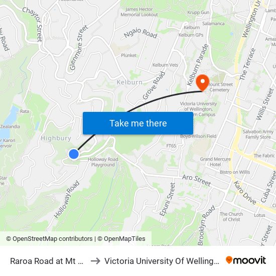 Raroa Road at Mt Pleasant Road to Victoria University Of Wellington, Kelburn Campus map