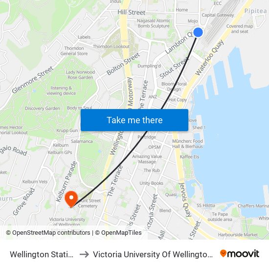 Wellington Station - Stop D to Victoria University Of Wellington, Kelburn Campus map