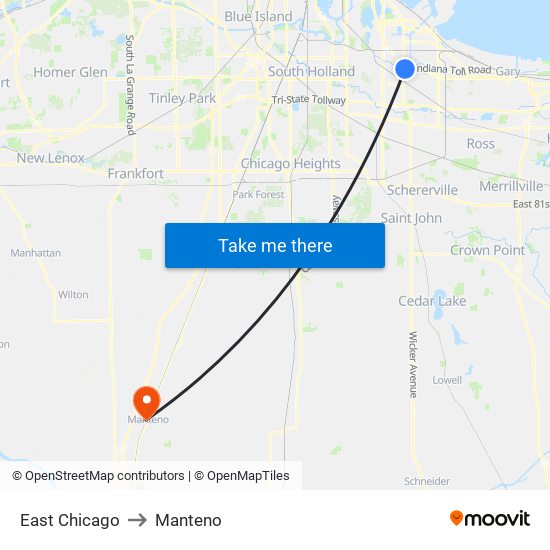 East Chicago to Manteno map