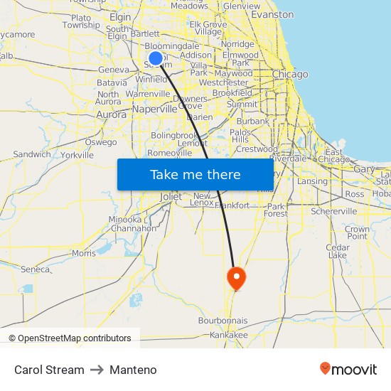 Carol Stream to Manteno map