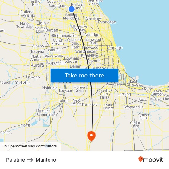 Palatine to Manteno map