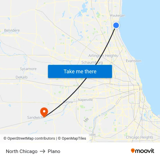 North Chicago to Plano map