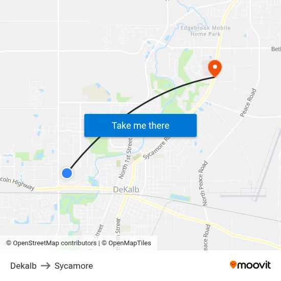 Dekalb to Sycamore map
