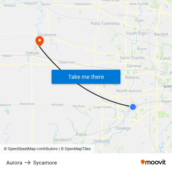 Aurora to Sycamore map