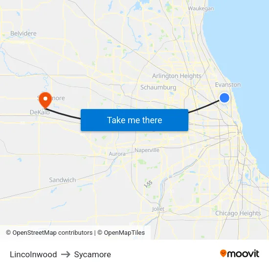 Lincolnwood to Sycamore map