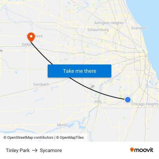 Tinley Park to Sycamore map