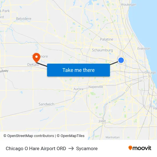 Chicago O Hare Airport ORD to Sycamore map
