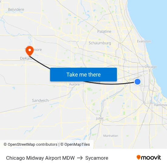 Chicago Midway Airport MDW to Sycamore map
