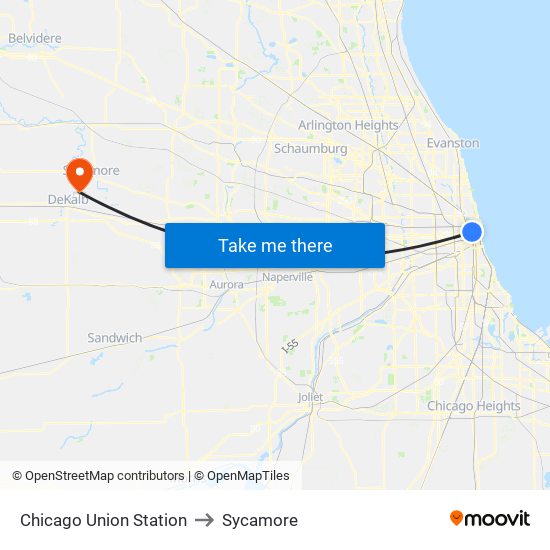 Chicago Union Station to Sycamore map